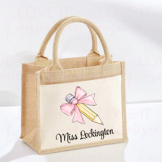 Personalised Bow Pencil Teacher Jute Tote Bag- 7 colours