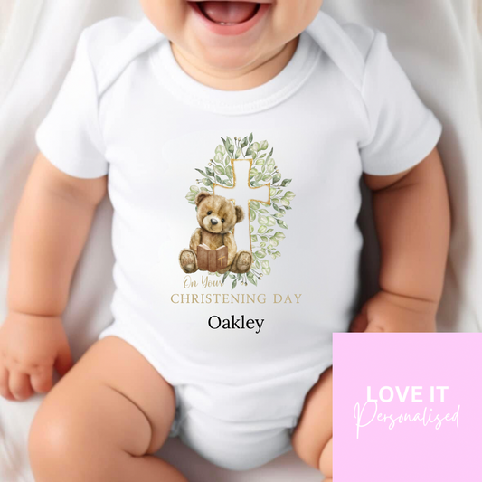 Personalised Christening Bodysuit/Babygrow - Bear Cross Design