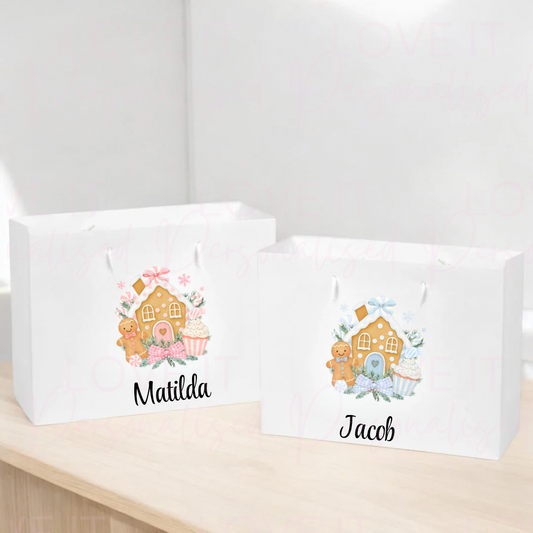 Personalised Christmas Gift Bag - Pink Or Blue Gingerbread House Design