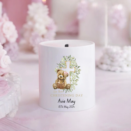 Personalised Money Box - Pink Bow Christening Design