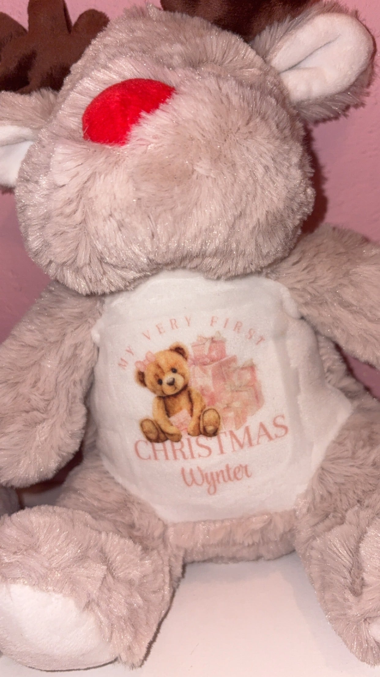 Personalised Reindeer Teddy - Pink/Blue Bear 1st Christmas Design