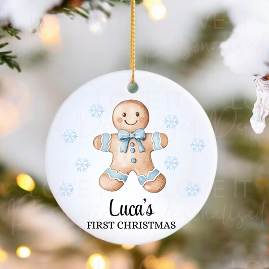 Personalised First Christmas Ceramic Ornament - Pink/Blue Gingerbread Design