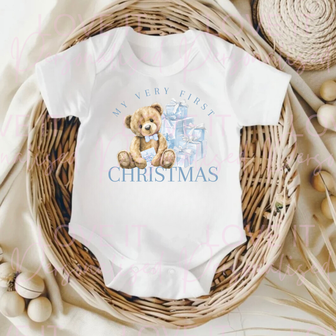 First Christmas Pink/Blue Bear Baby Bodysuit - Short/Long Sleeve