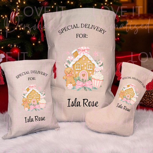 Personalised Christmas Gingerbread House Stocking/Sack
