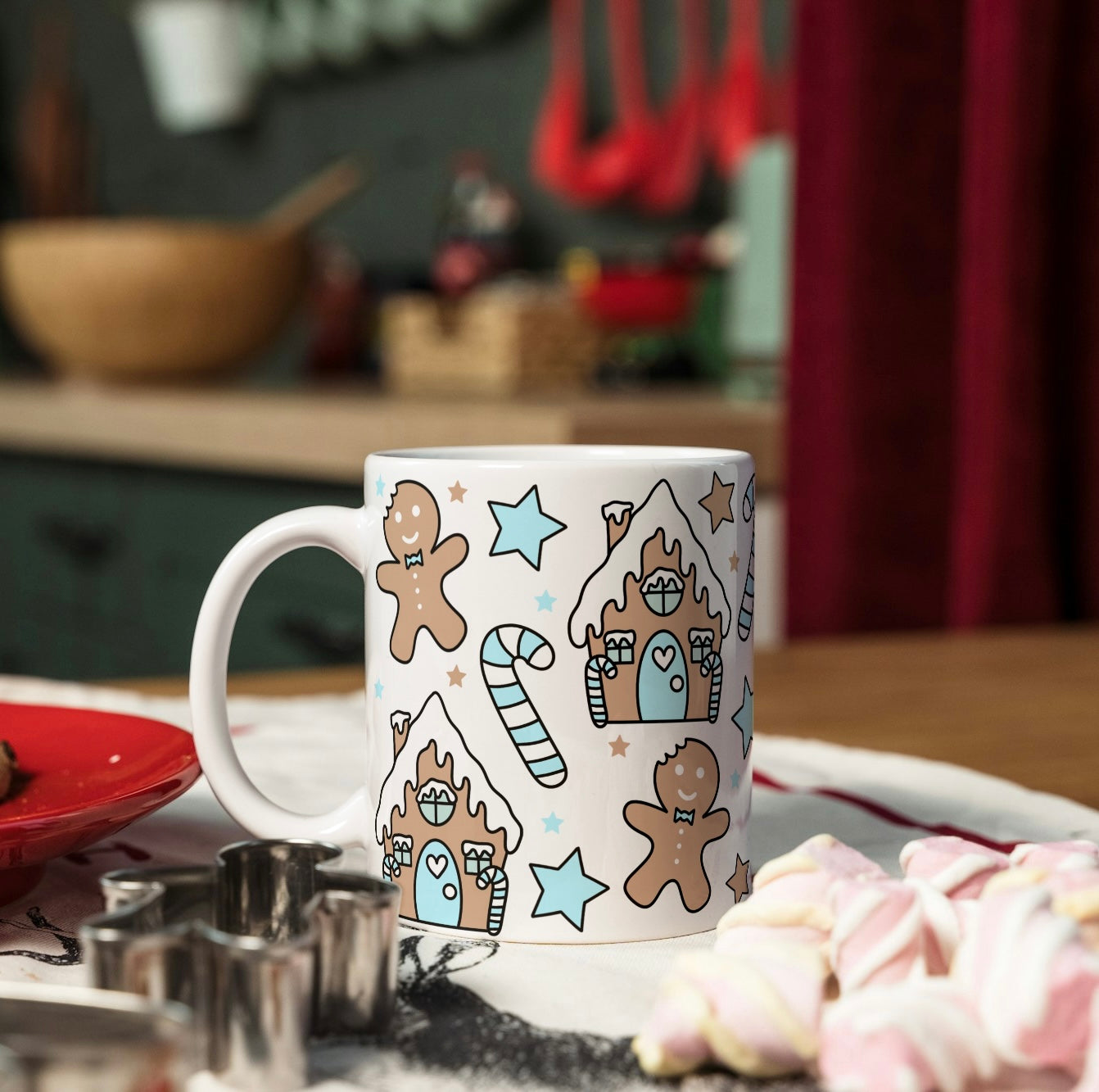 Christmas Mug - Blue Gingerbread House Design