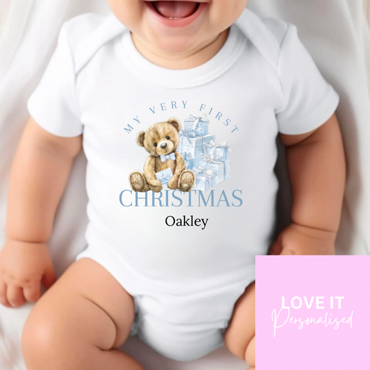 Personalised Christmas Bodysuit/Babygrow - Blue/Pink 1st Christmas Bear Design