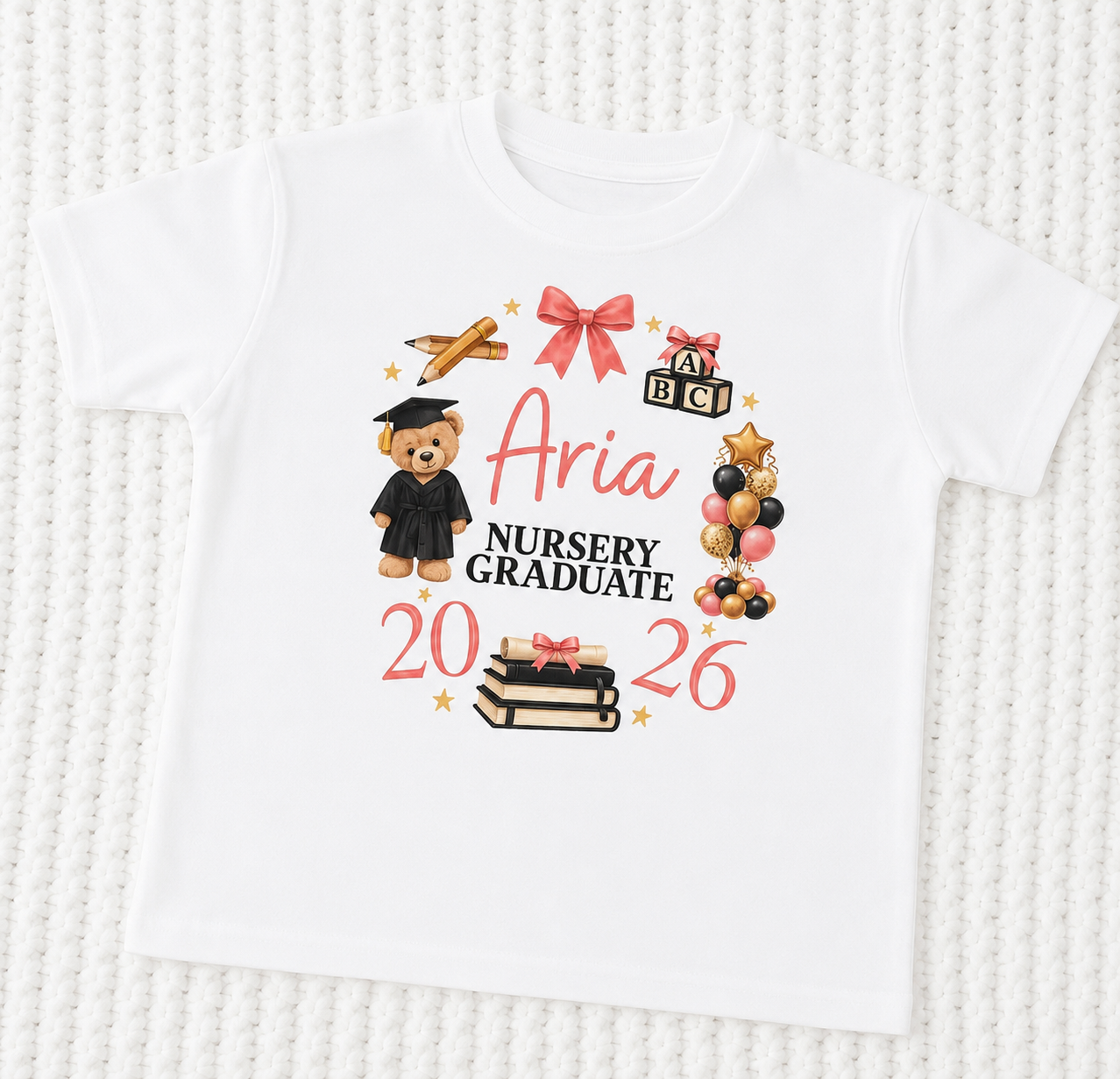 Personalised 2026 Nursery/Pre School Graduate Leavers T-shirt - Bear Wreath Design
