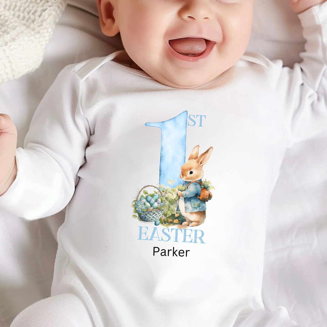 Personalised Easter Bodysuit/Babygrow - Blue 1st Easter Rabbit Design