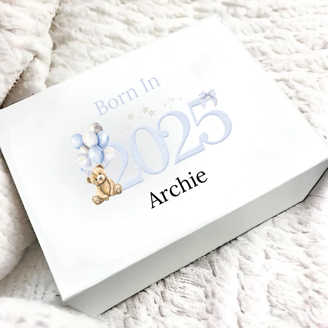 Personalised Born In 2025 Blue Bear Magnetic Gift/Memory Box