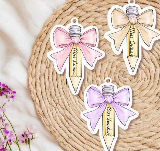 Personalised Bow Pencil Teacher Acrylic Keyring - Teacher Gift 7 Colours