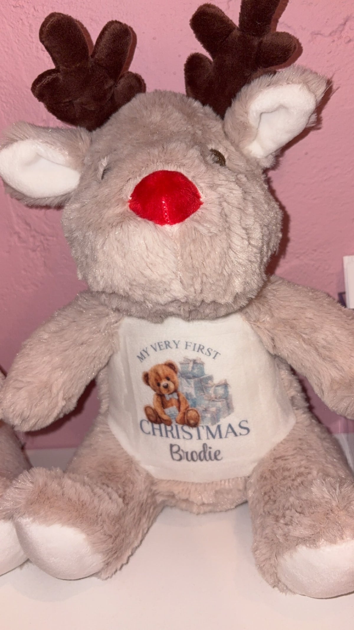 Personalised Reindeer Teddy - Pink/Blue Bear My Very First Christmas Design
