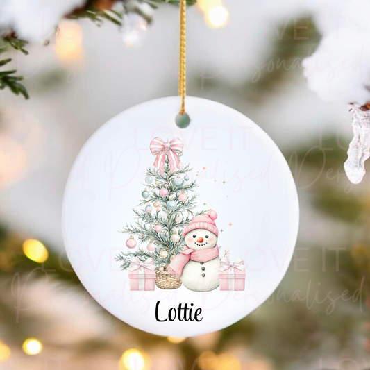 Personalised Pink/Blue Snowman Ceramic Ornament