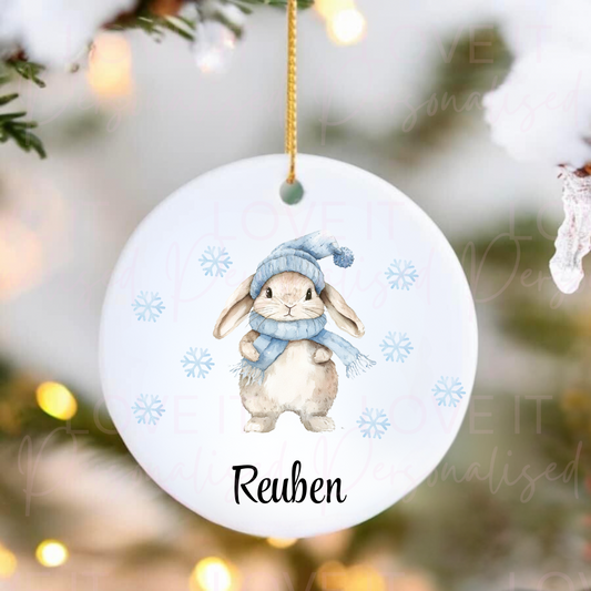 Personalised Christmas Ceramic Ornament - Pink/Blue Rabbit Design