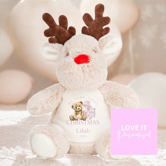 Personalised Reindeer Teddy - Pink Bear 1st Christmas  Design