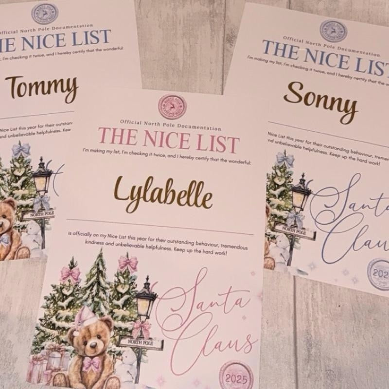 Personalised Nice List Red/Pink/Blue Bear Certificate