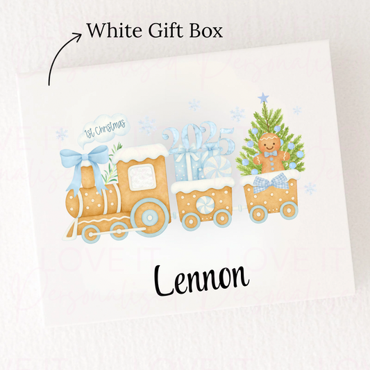 Personalised Christmas Magnetic Gift Box - Pink/Blue 1st Christmas Train Design