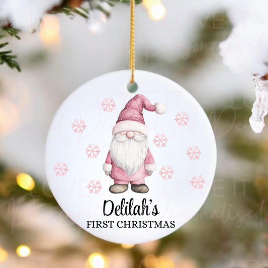 Personalised First Christmas Ceramic Ornament - Pink/Blue Gonk Design