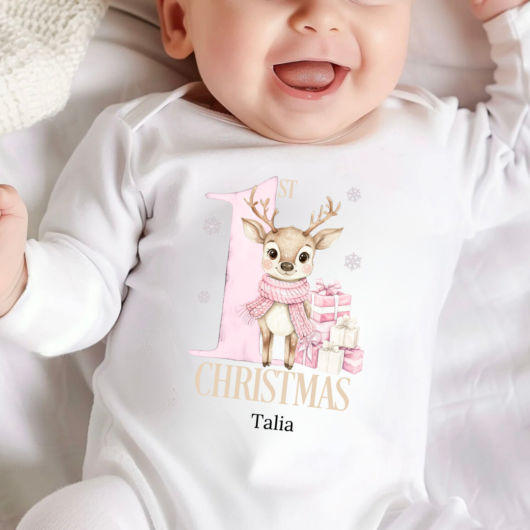 Personalised Christmas Bodysuit/Babygrow - Blue/Pink 1st Christmas Reindeer Design