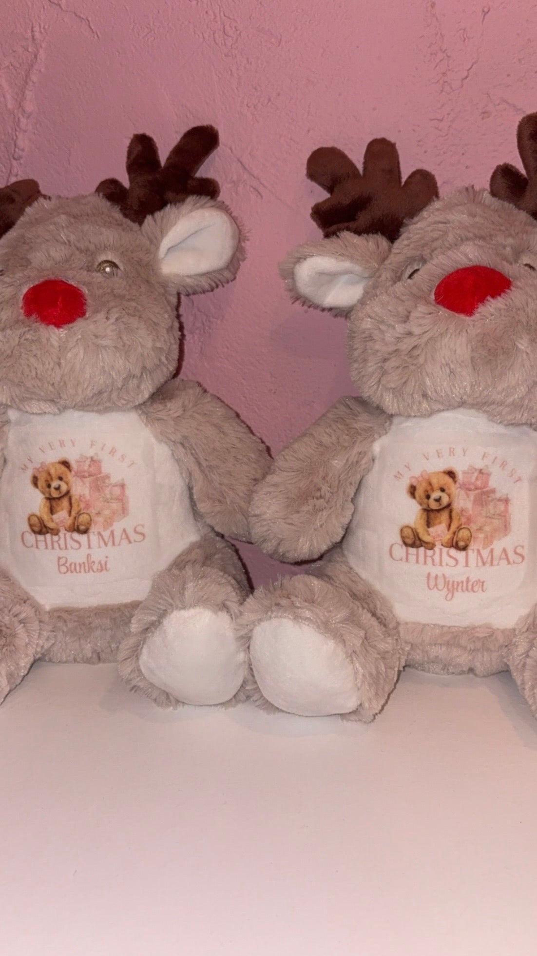 Personalised Reindeer Teddy - Pink/Blue Bear 1st Christmas Design