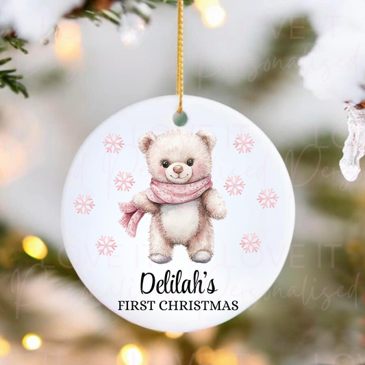 Personalised First Christmas Ceramic Ornament - Pink/Blue Bear Design