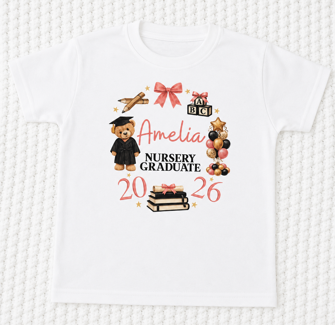 Personalised 2026 Nursery/Pre School Graduate Leavers T-shirt - Bear Wreath Design