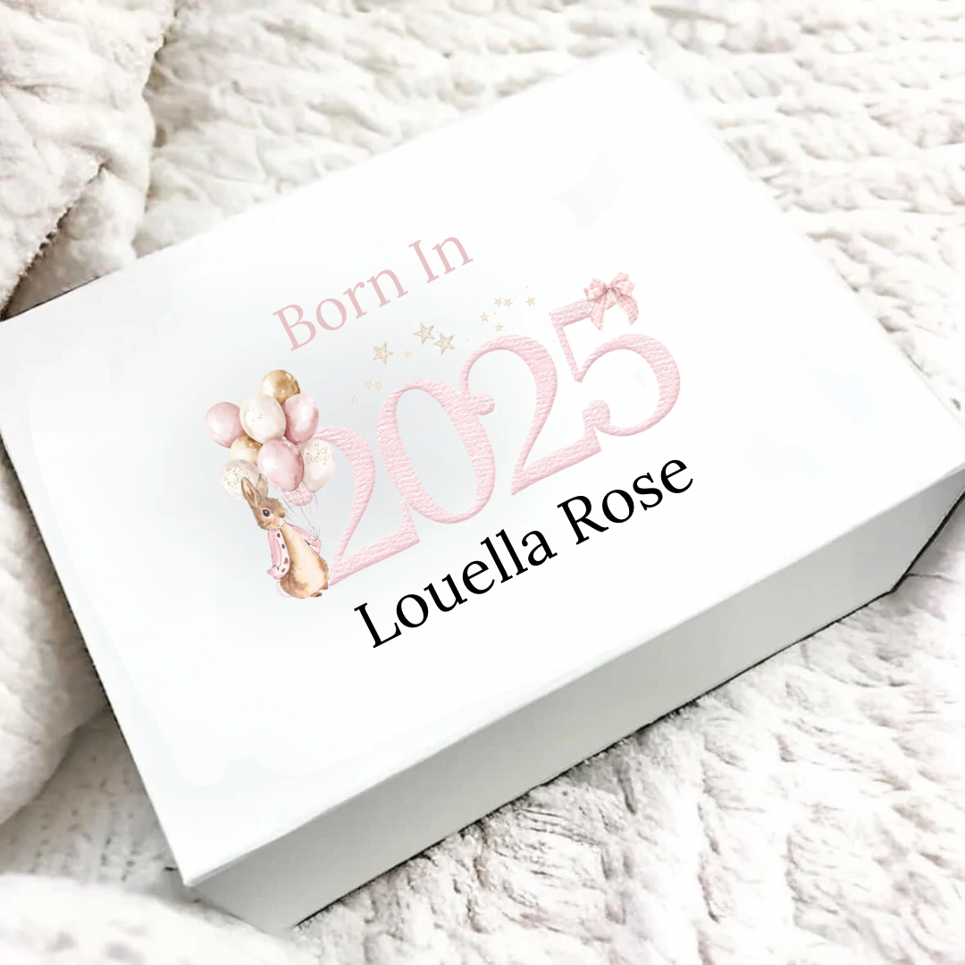 Personalised Born In 2025 Pink Rabbit Magnetic Gift/Memory Box