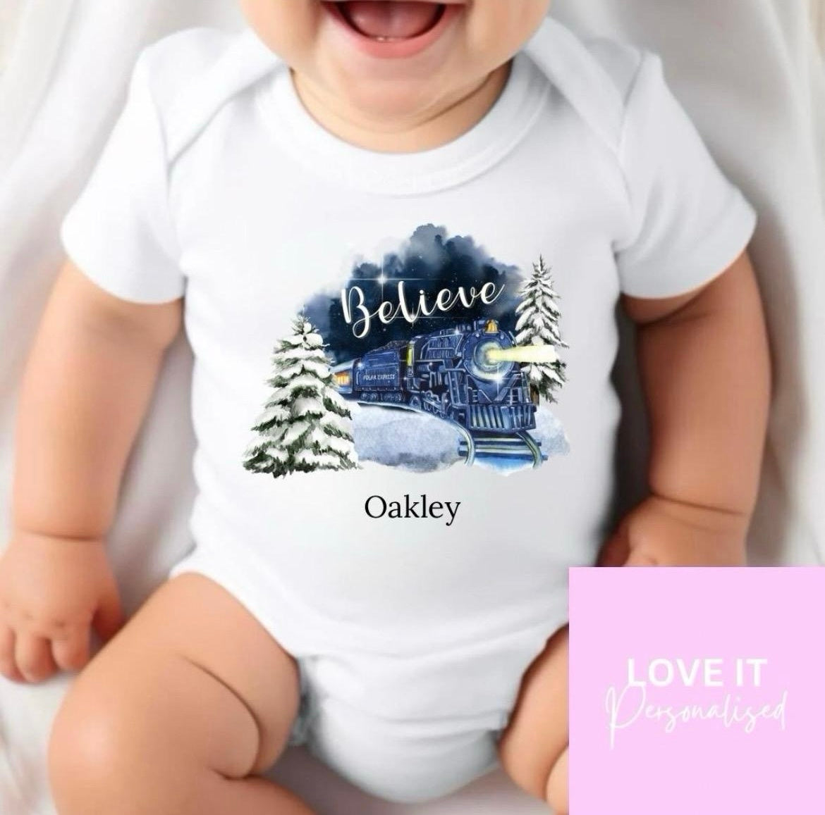 Personalised Christmas Bodysuit/Babygrow - Believe Train Design