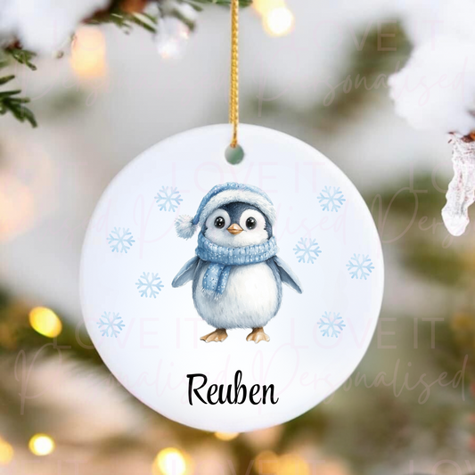 Personalised Christmas Ceramic Ornament - Pink/Blue Penguin Design
