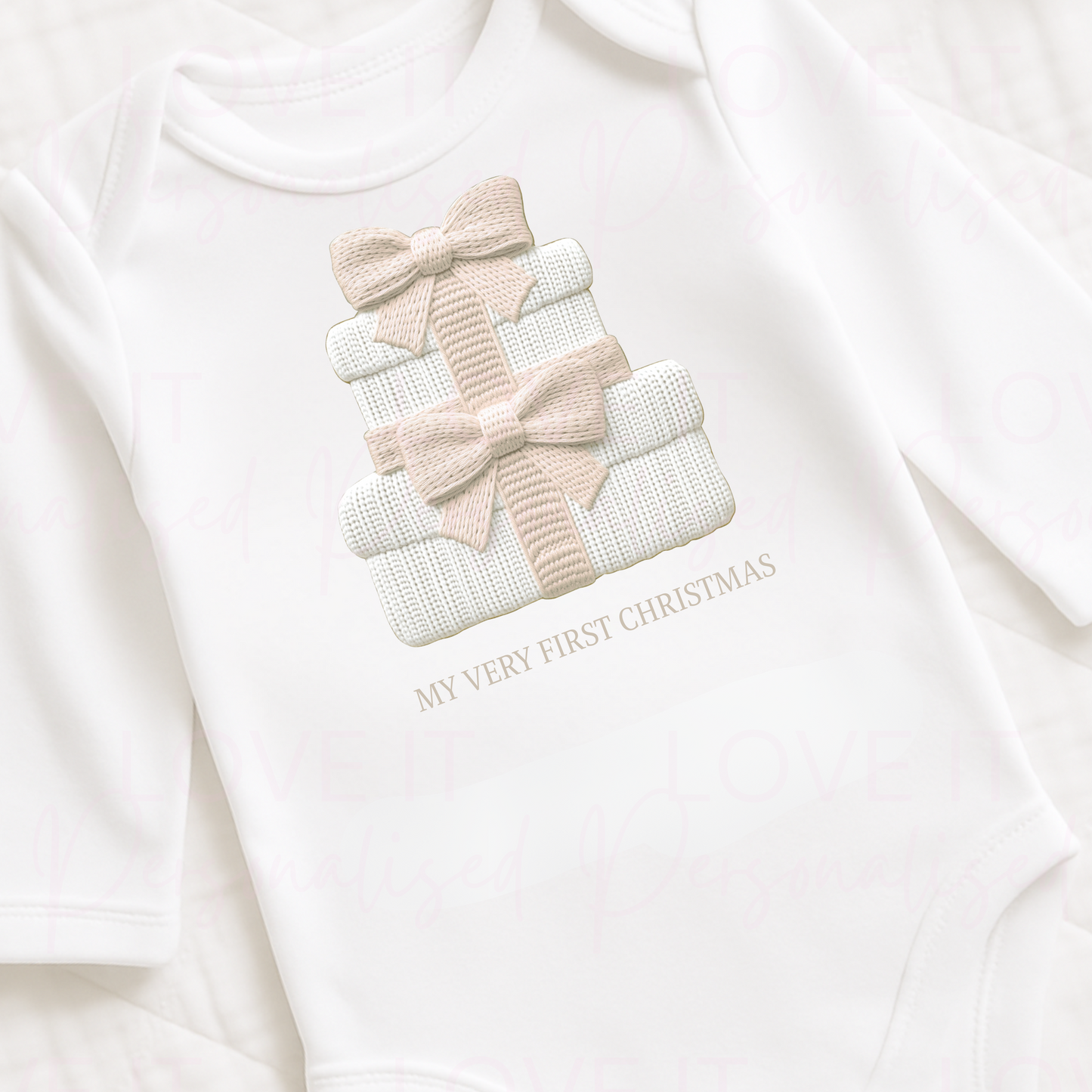 First Christmas Beige Knitted Effect Baby Bodysuit - Short/Long Sleeve