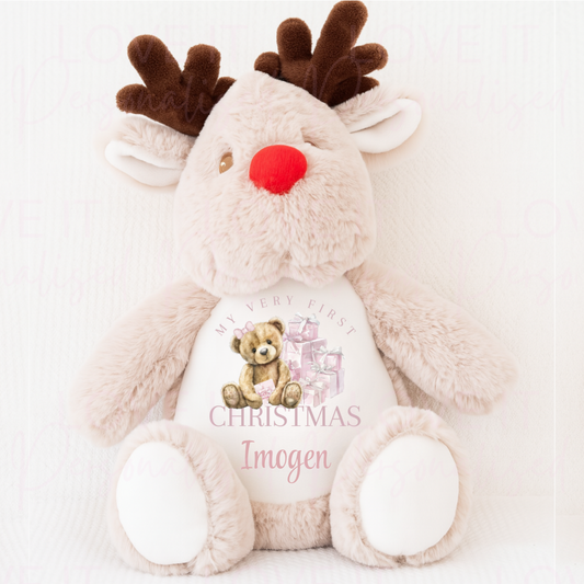 Personalised Reindeer Teddy - Pink/Blue Bear 1st Christmas Design