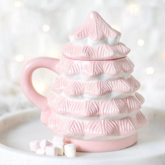 Pink Christmas Tree Shaped Mug With Lid