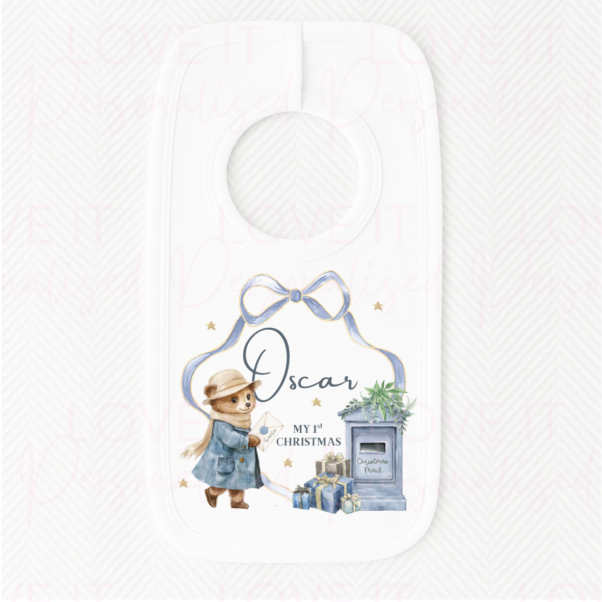 Personalised First Christmas White Bib - Pink/Blue/Red