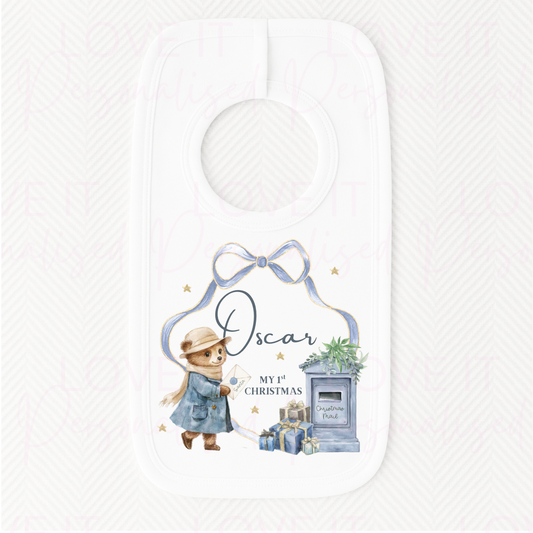 Personalised First Christmas White Bib - Pink/Blue/Red