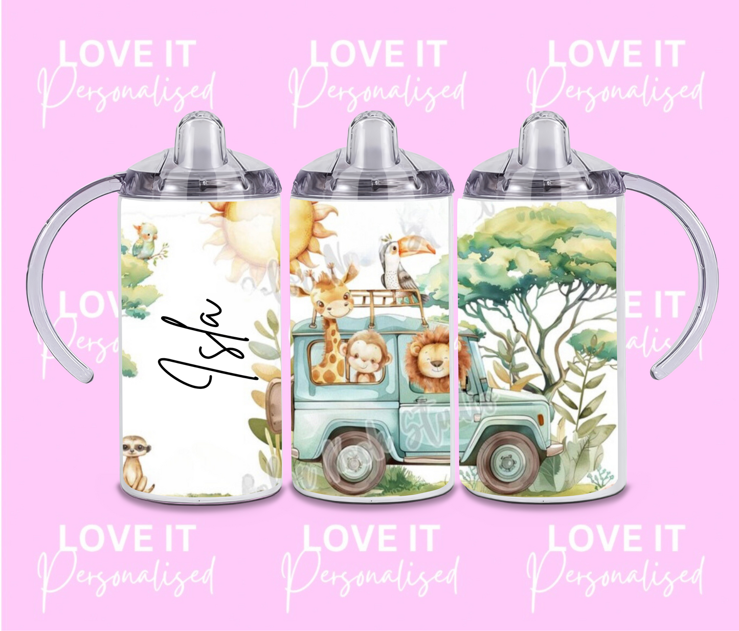 Personalised Children's Safari Sippy Cup (two Lids)