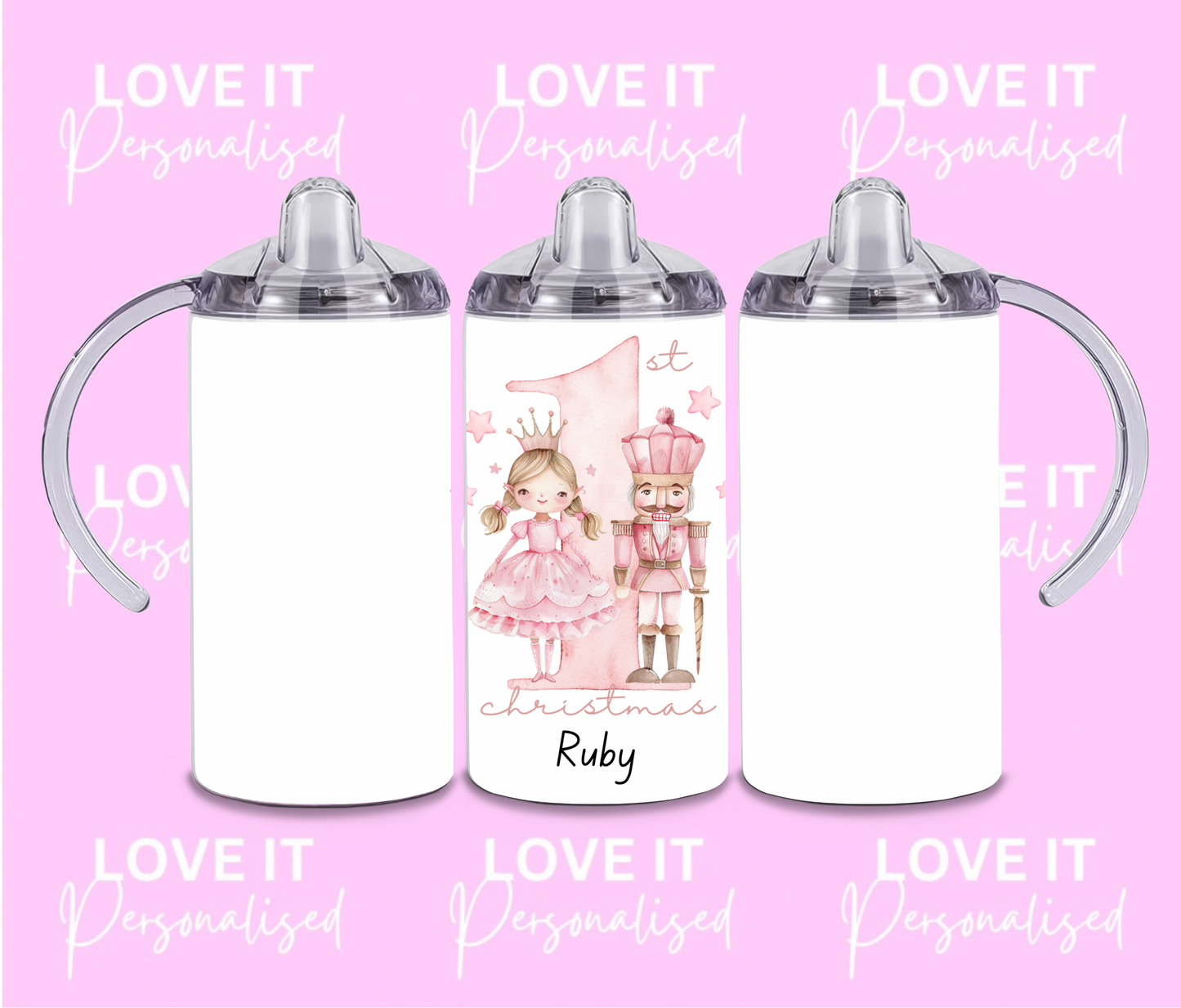 Personalised Children's Christmas Sippy Cup - 1st Christmas Pink Nutcracker Design (two lids)