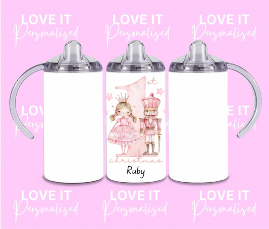 Personalised Children's Christmas Sippy Cup - 1st Christmas Pink Nutcracker Design (two lids)