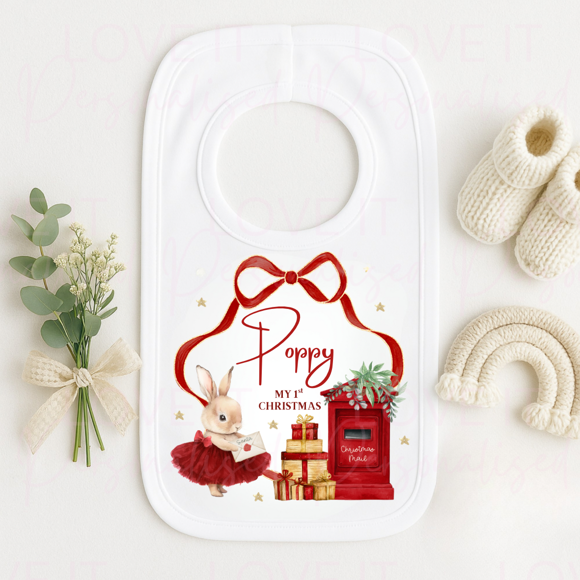 Personalised First Christmas White Bib - Pink/Blue/Red