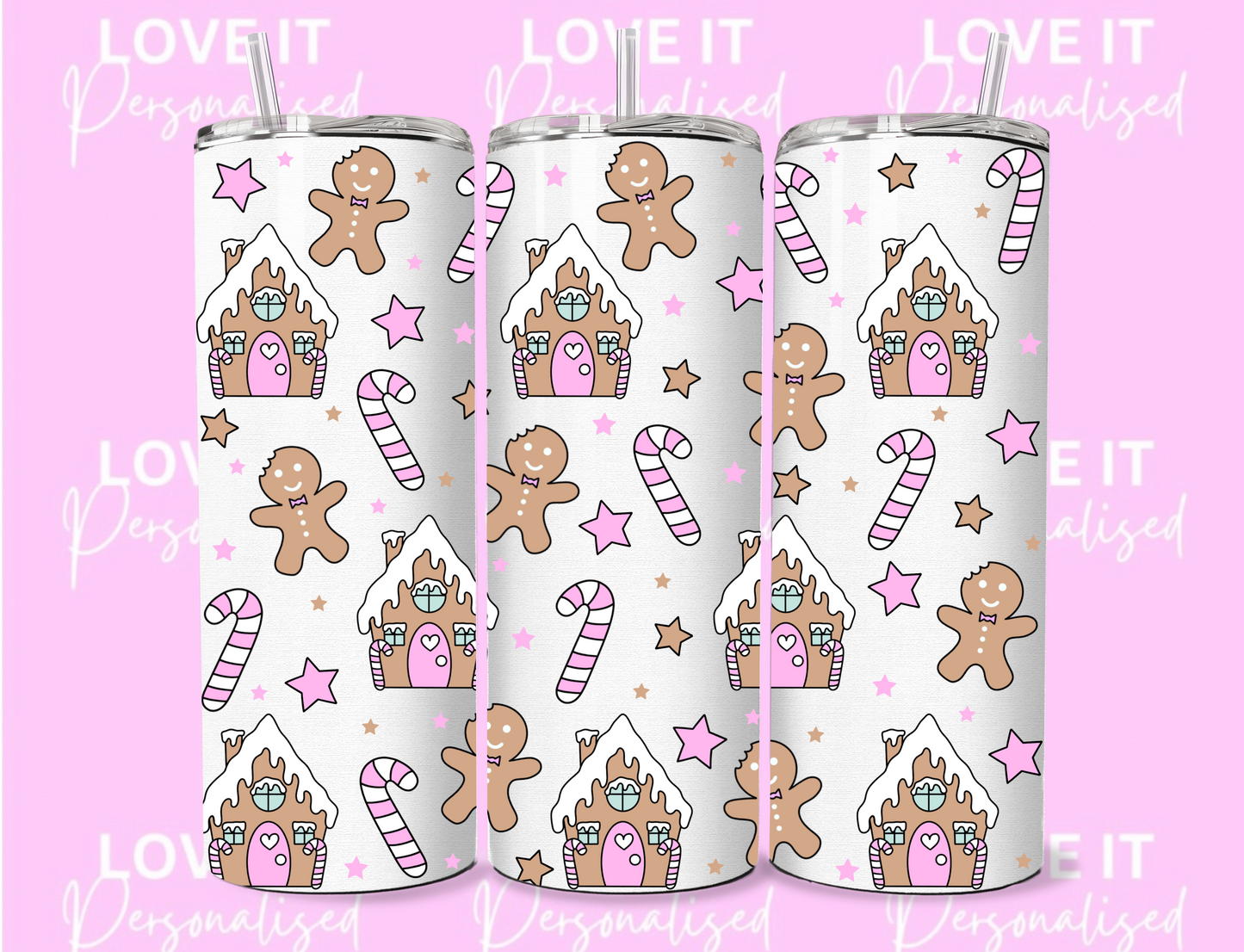 Pink Gingerbread House 12/20oz Christmas Tumbler