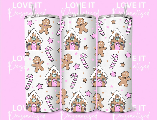 Pink Gingerbread House 12/20oz Christmas Tumbler