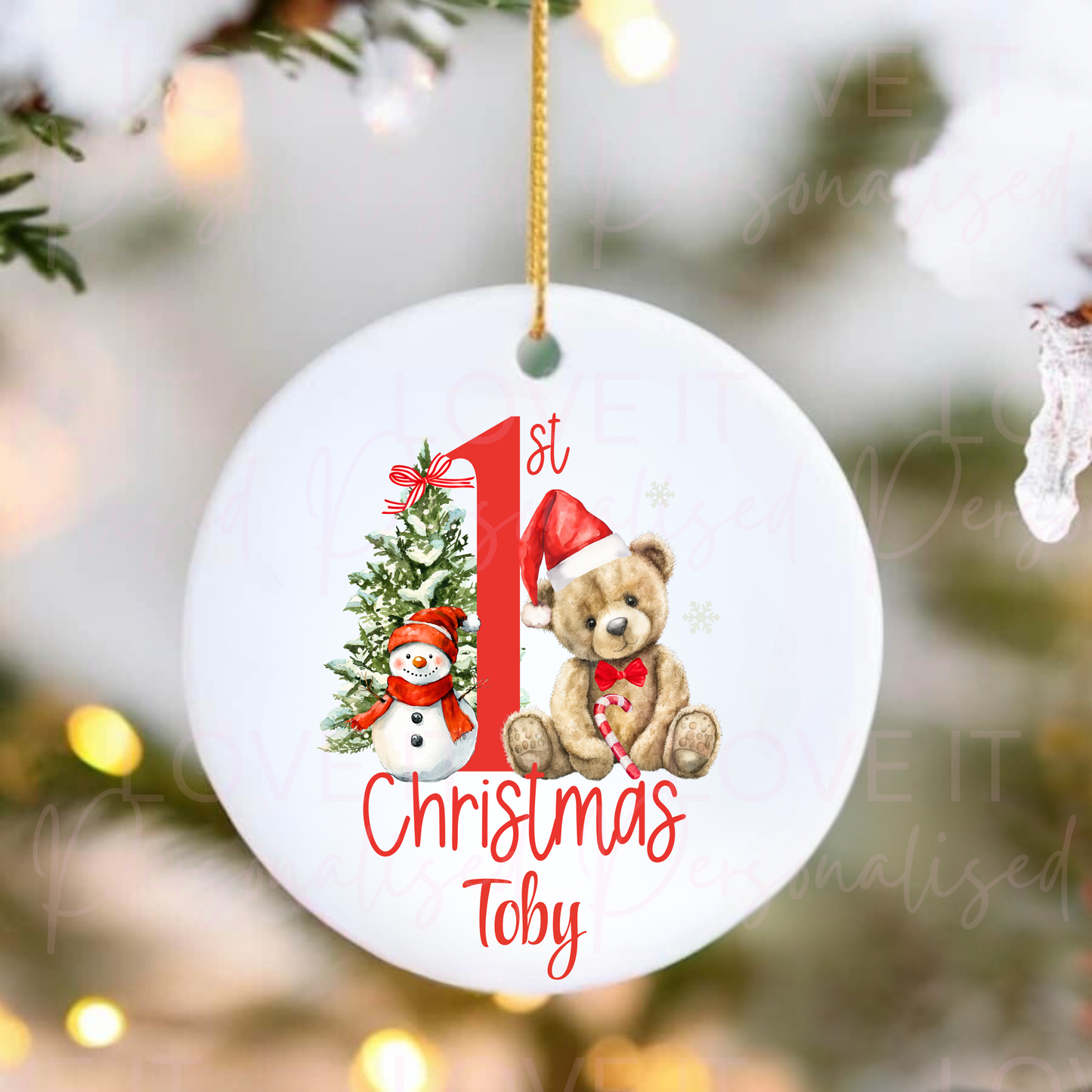 Personalised First Christmas Ceramic Ornament - Red Candy Bear Design