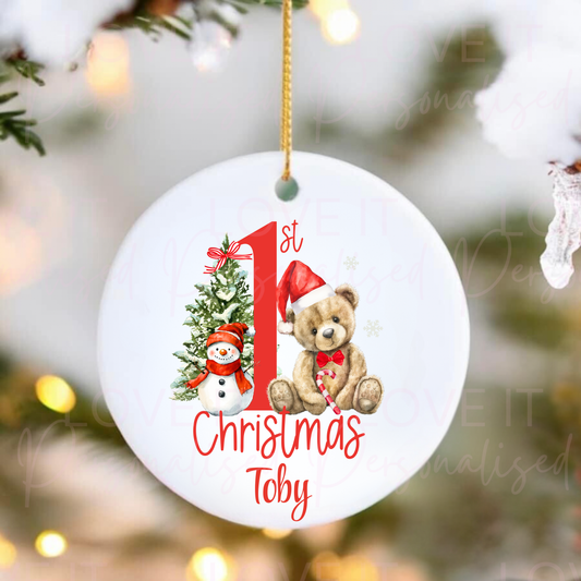 Personalised First Christmas Ceramic Ornament - Red Candy Bear Design