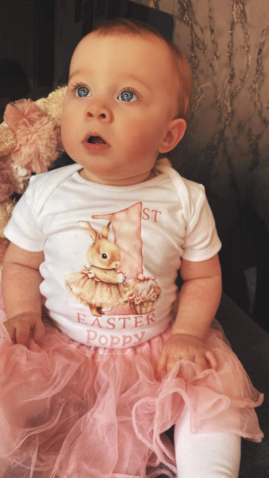 Personalised Easter Bodysuit/Babygrow - ‘My First Easter’ Pink Rabbit Design