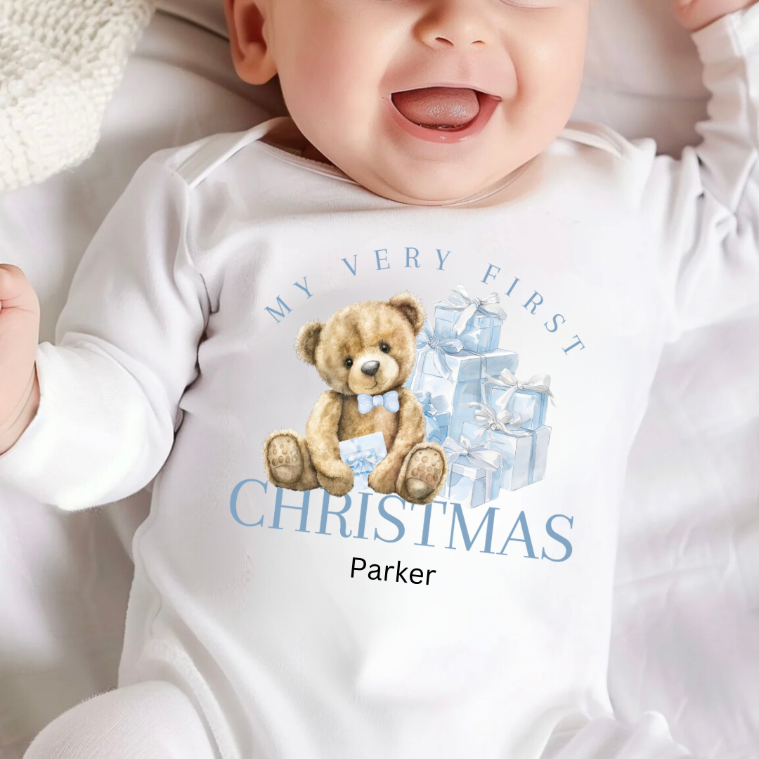 Personalised Christmas Bodysuit/Babygrow - Blue/Pink 1st Christmas Bear Design