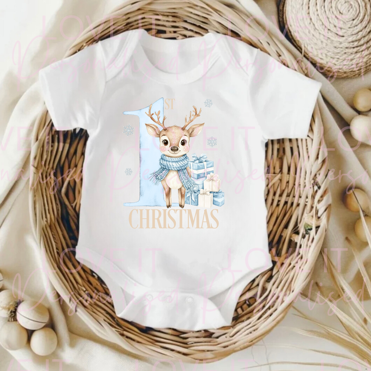 First Christmas Pink/Blue Reindeer Baby Bodysuit - Short/Long Sleeve