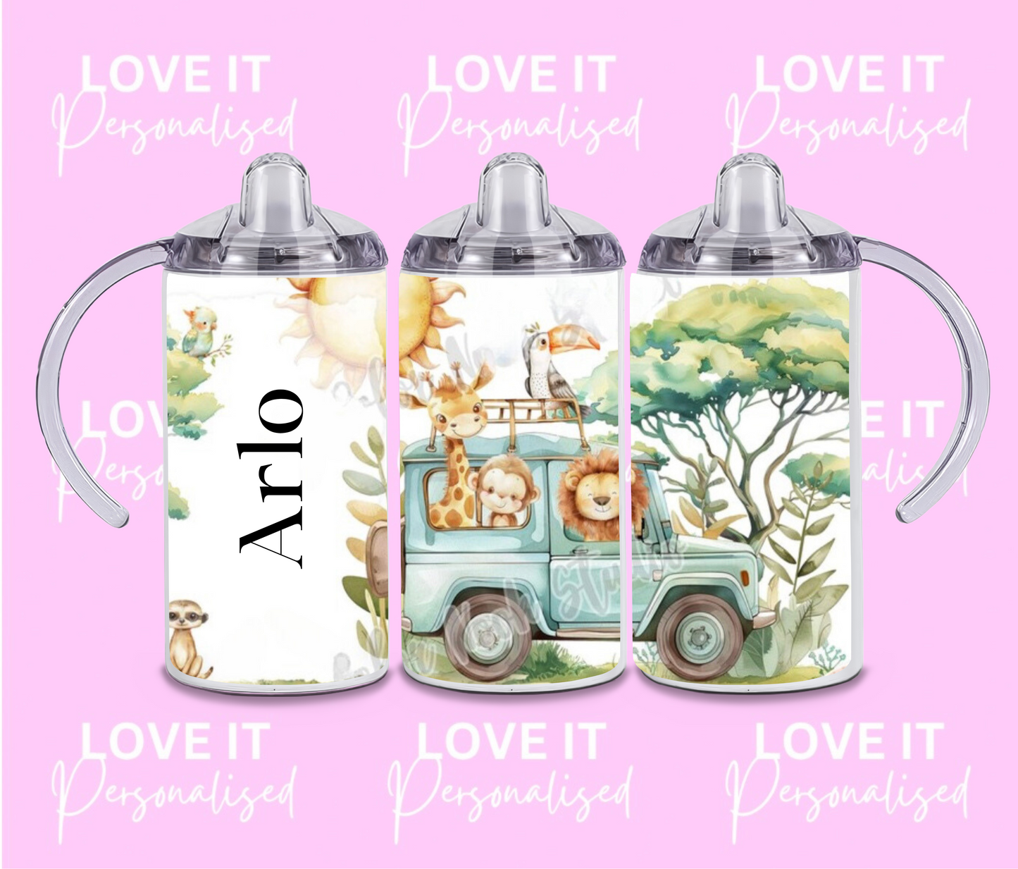 Personalised Children's Safari Sippy Cup (two Lids)