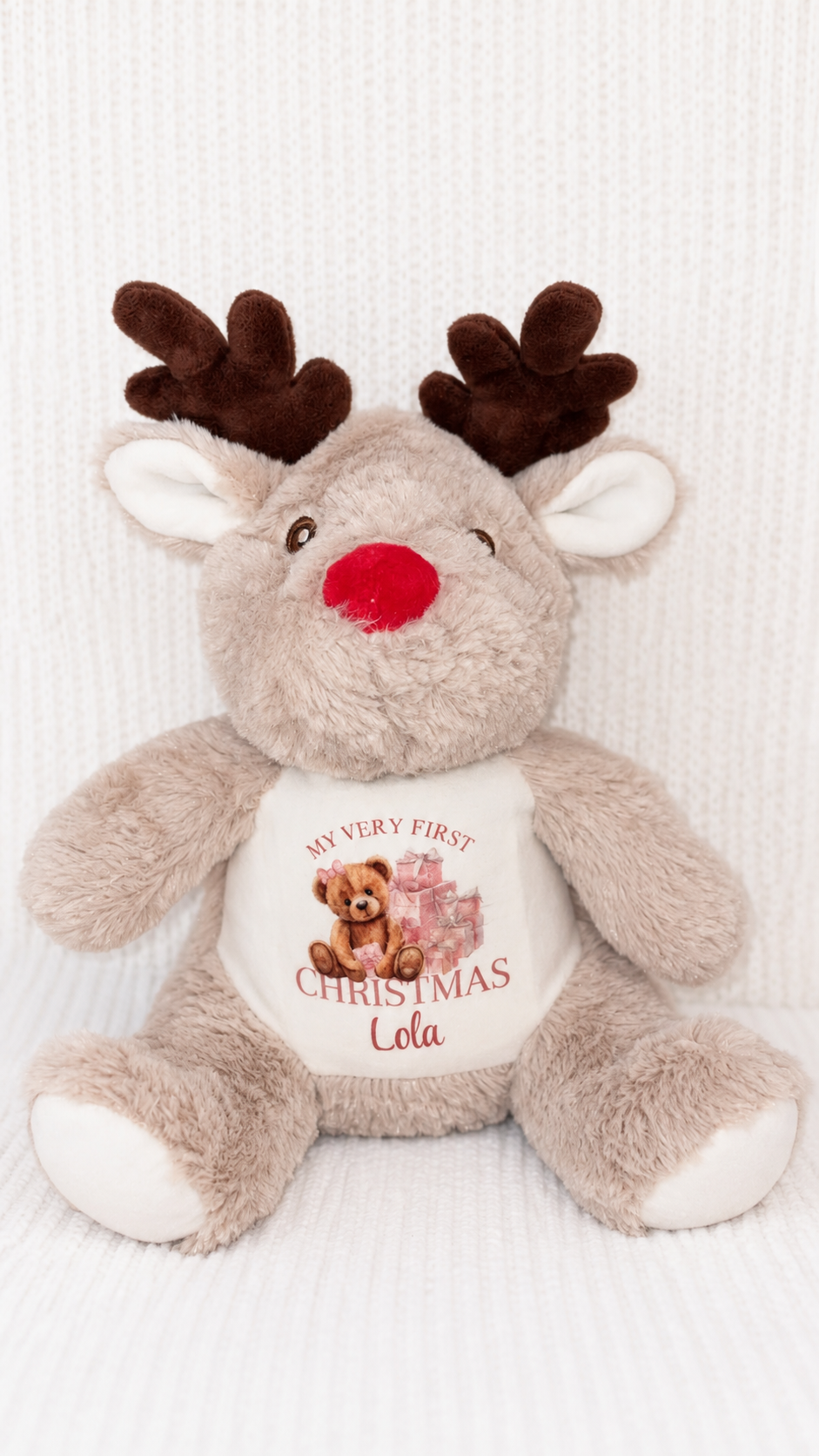 Personalised Reindeer Teddy - Pink/Blue Bear My Very First Christmas Design