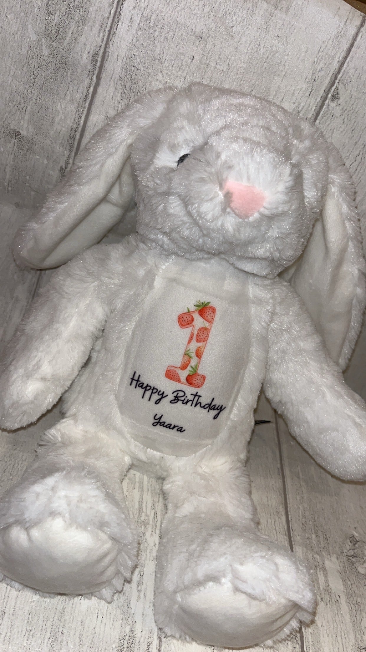 Personalised Birthday Bunny Teddy - Strawberry Number Design