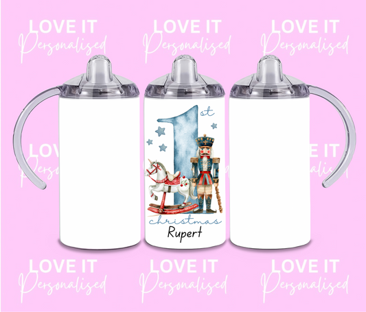 Personalised Children's Christmas Sippy Cup - 1st Christmas Nutcracker Design (two lids)