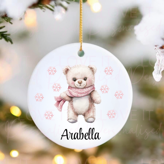 Personalised Christmas Ceramic Ornament - Pink/Blue Bear Design