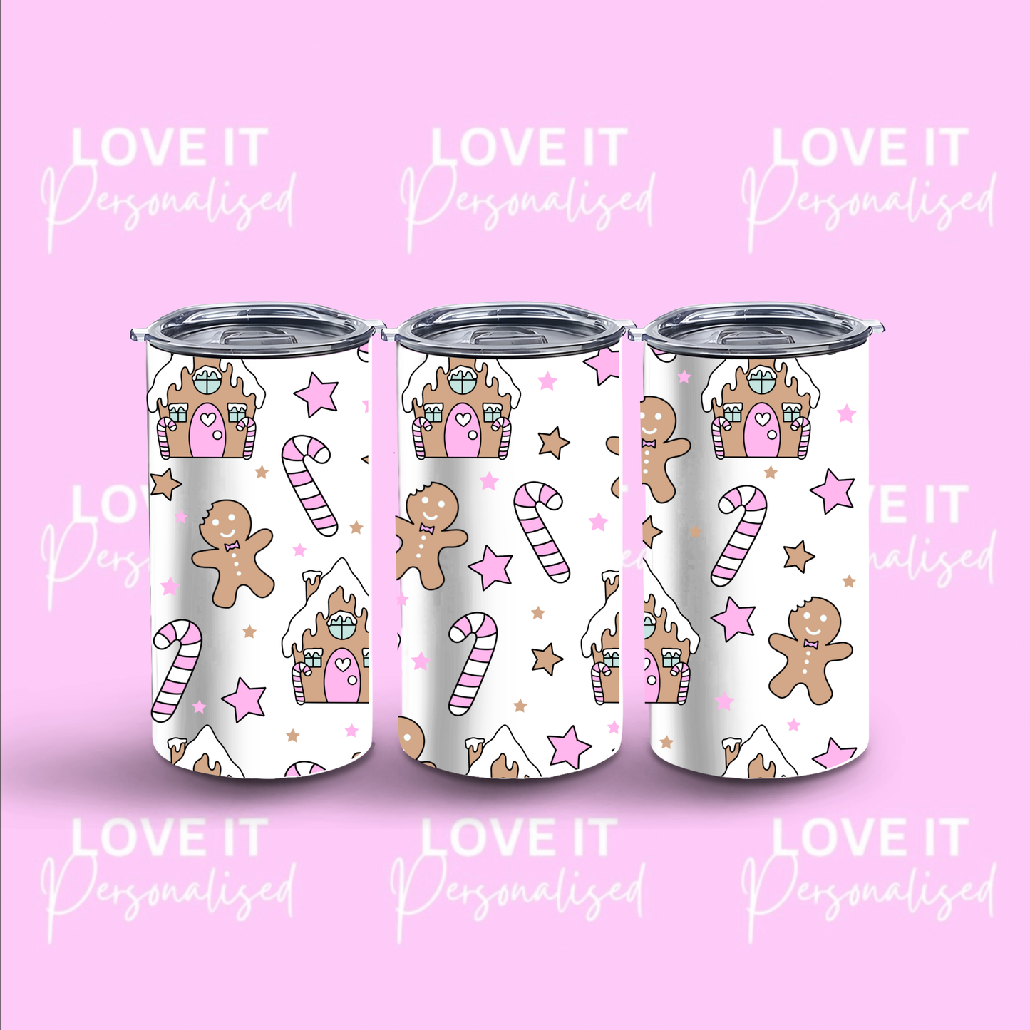 Pink Gingerbread House 12/20oz Christmas Tumbler